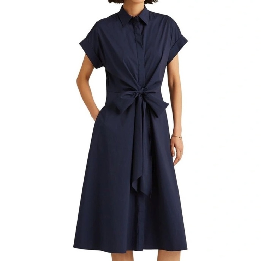 Lauren Ralph Lauren Blue A-Line Midi Dress with Tie Front
